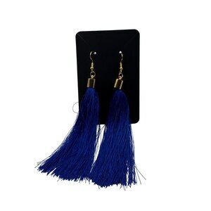Long Blue Tassel Earrings With Gold Accents & Fishhook Closure For Women